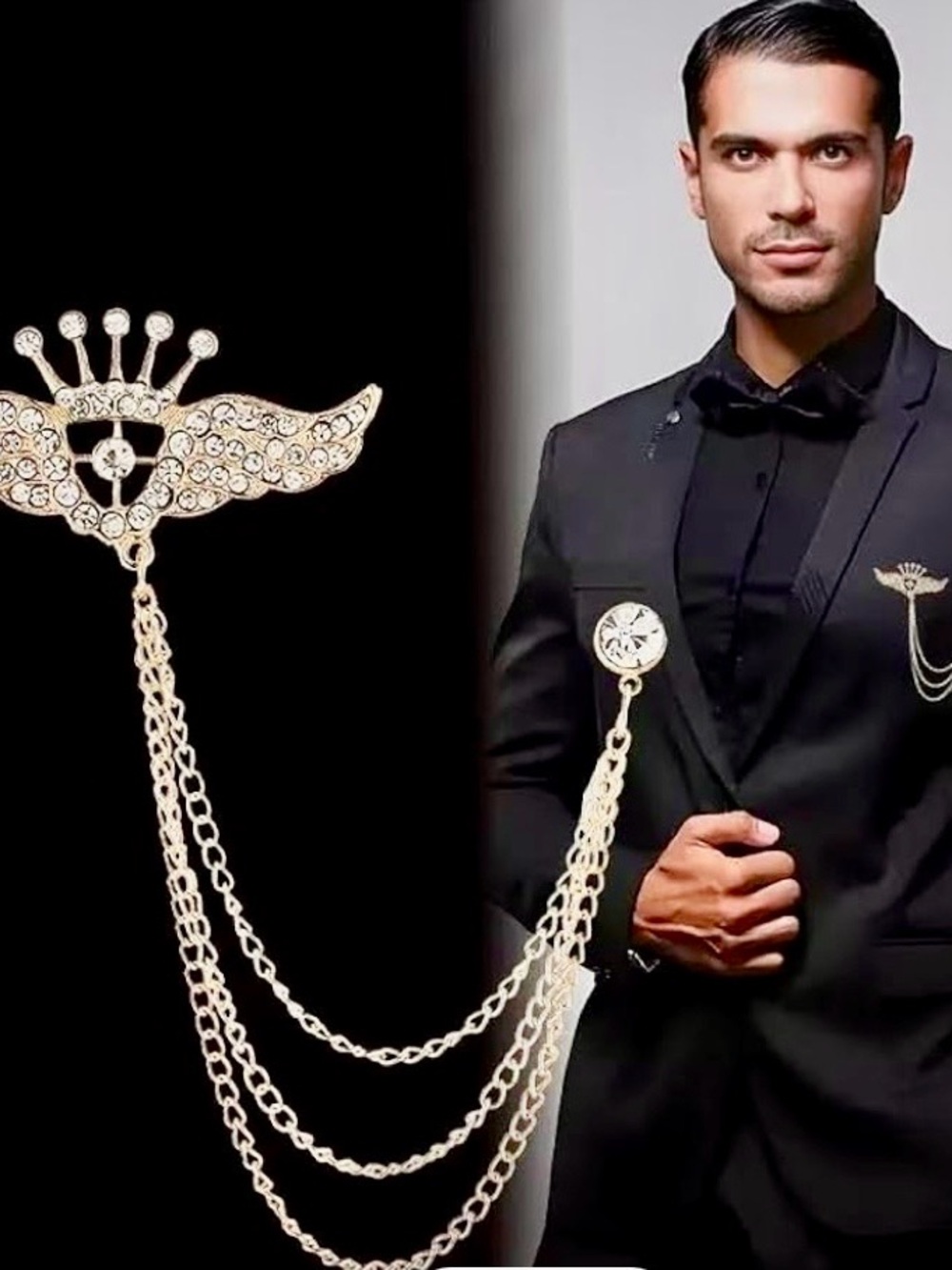 Gold-Tone Winged Crystal Lapel Chain Brooch for Men or Women
